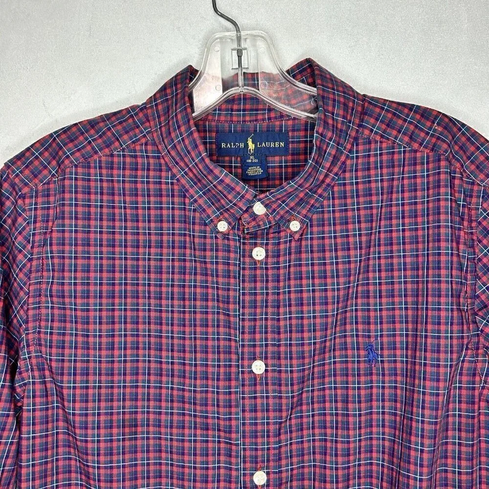 Ralph Lauren Boys Shirt XL 18-20 Red Plaid Cotton Long Sleeve Button Up Preppy